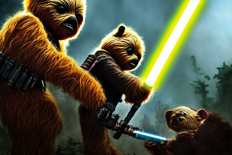 Three Wookiee Characters Wielding Weapons in Forest Scene