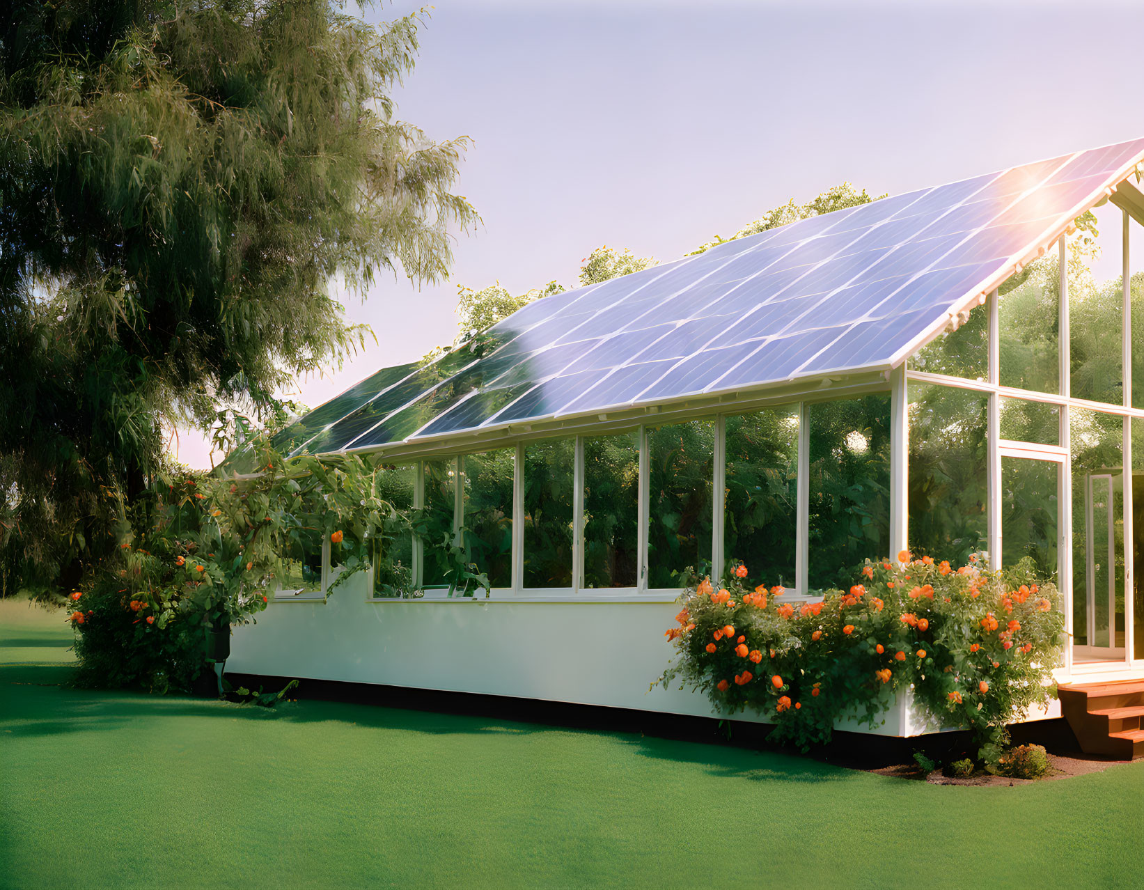 Sunlit solar-paneled greenhouse with lush greenery and orange flowers.