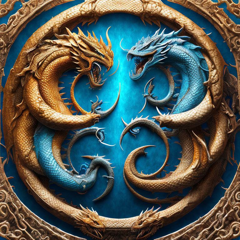 Golden and Silver Dragon Yin-Yang Symbol on Blue Background