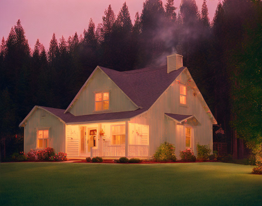 Charming illuminated cottage at dusk with chimney smoke, lush trees, and manicured lawn