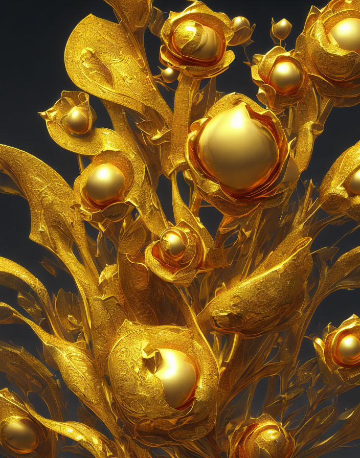 Intricate golden leaves and shimmering orbs in digital art piece