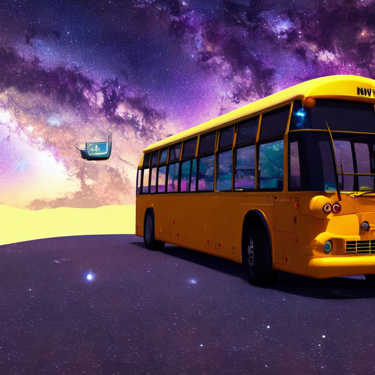 Colorful galaxy backdrop: School bus under starry sky and futuristic green traffic sign