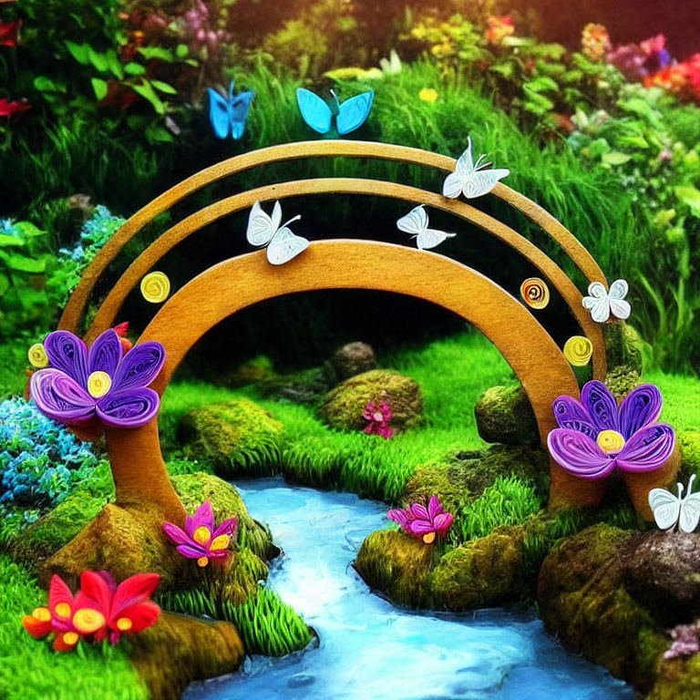 Colorful Quilled Paper Bridge in Vibrant Garden Scene