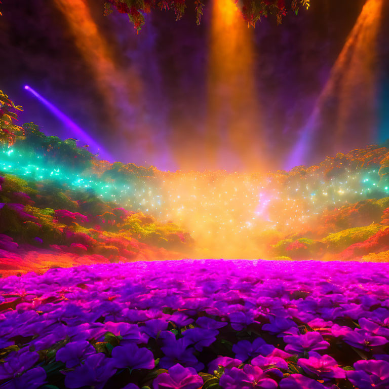 Mystical forest with purple flowers under colorful sky