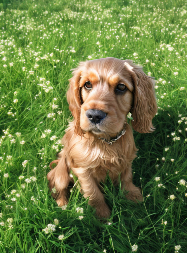 Golden-Brown Cocker Spaniel in Field of White Flowers