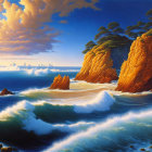 Dramatic seascape with crashing waves and rocky cliffs