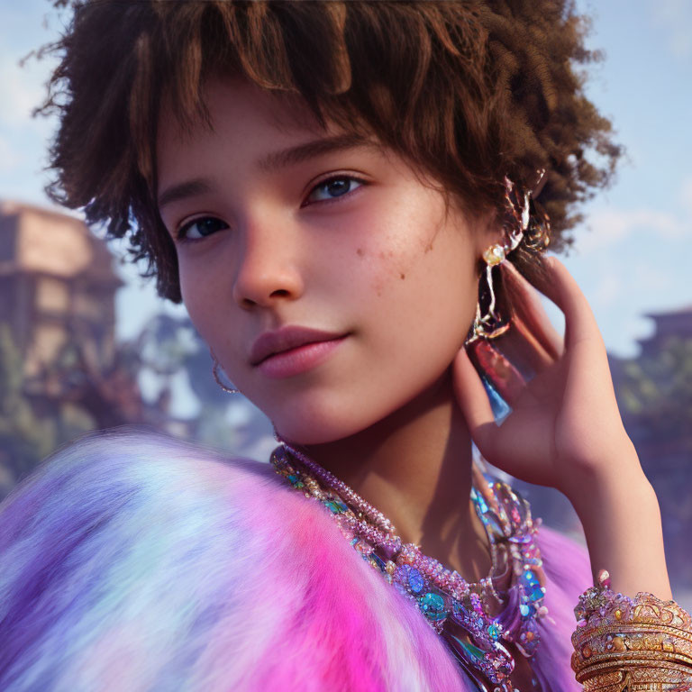 Curly-haired girl with earring and furry creature in ancient setting.