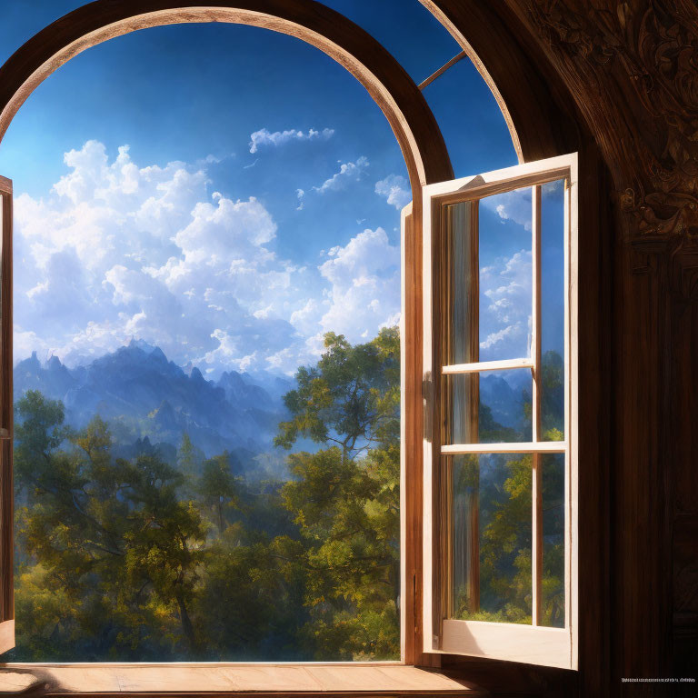 Ornate Wooden Room with Mountain View Through Open Window