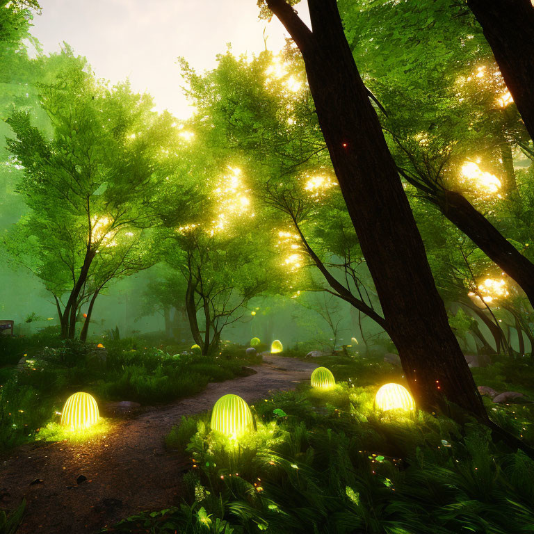 Misty forest scene with sunlight, green trees, and glowing orbs