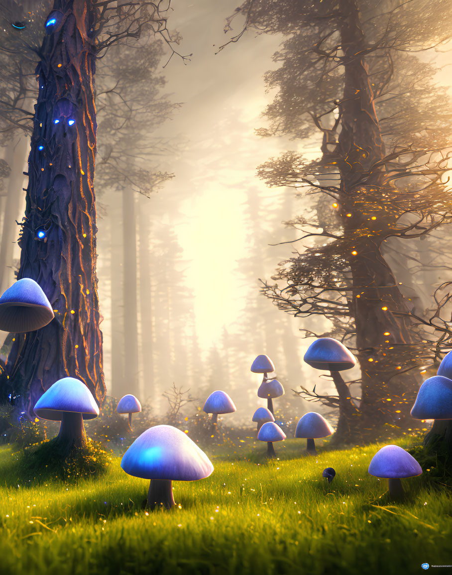 Enchanting forest scene with glowing blue mushrooms and towering trees