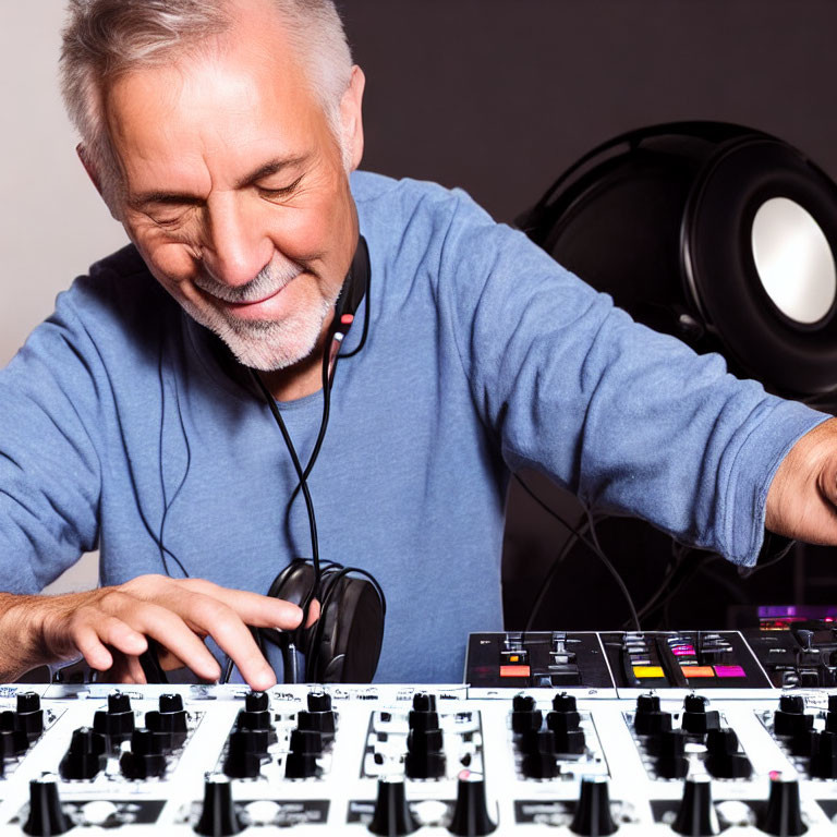 Mature man DJs at mixing console with headphones