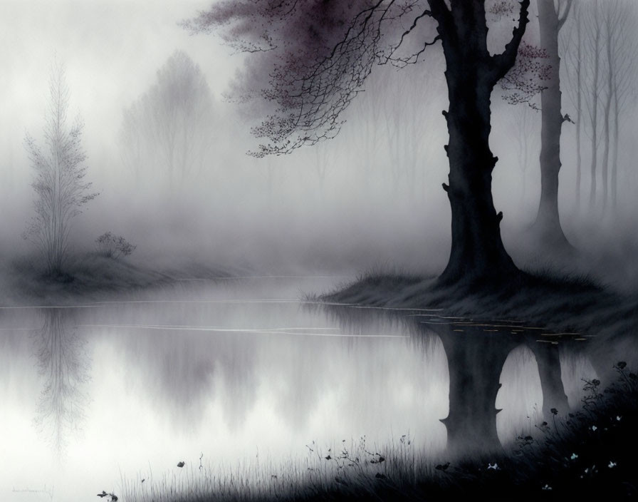 Tranquil grayscale painting of misty lakeside with silhouetted trees.