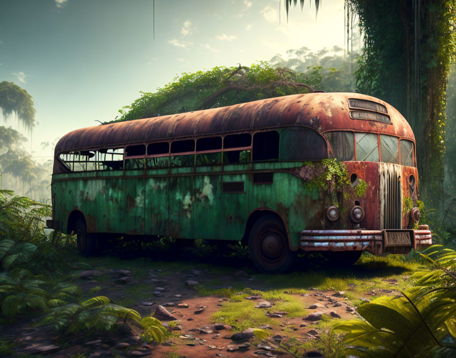 Rusted bus overtaken by plants in foggy forest