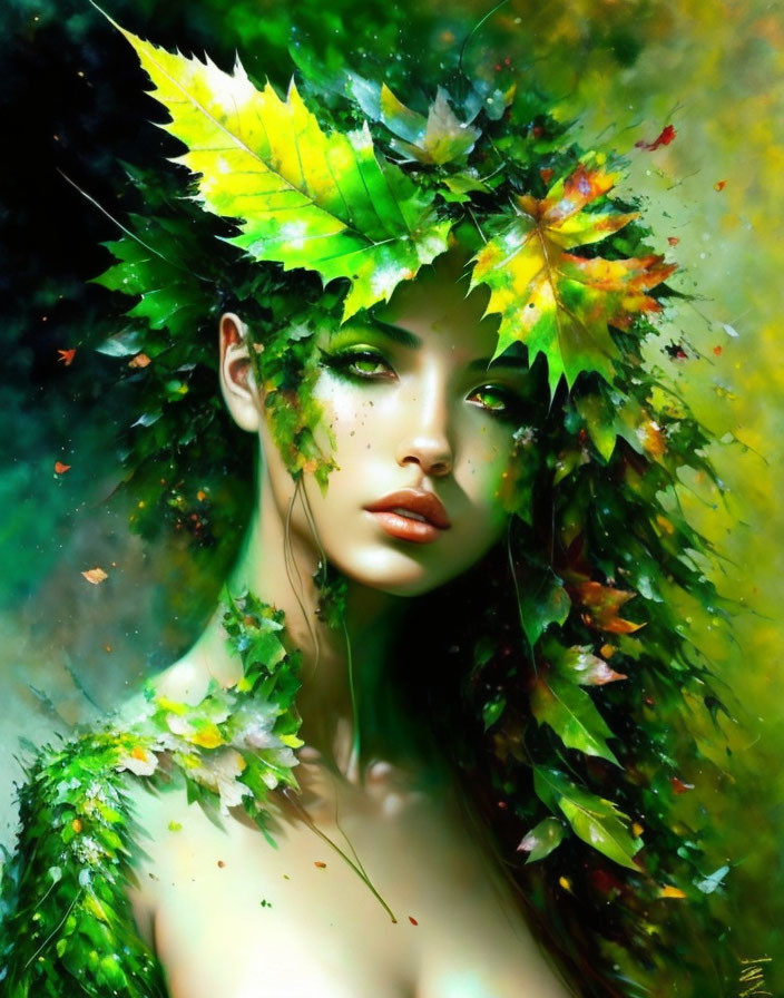 Digital painting: Woman with autumn leaves in hair on green backdrop