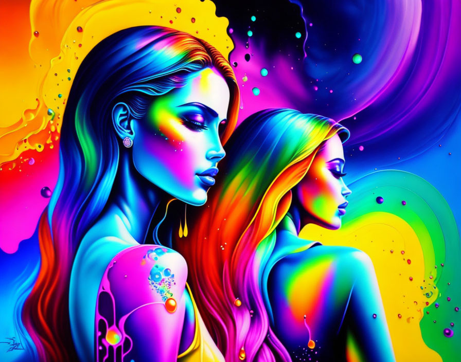 Colorful digital artwork of two female figures with psychedelic skin tones and abstract cosmic background