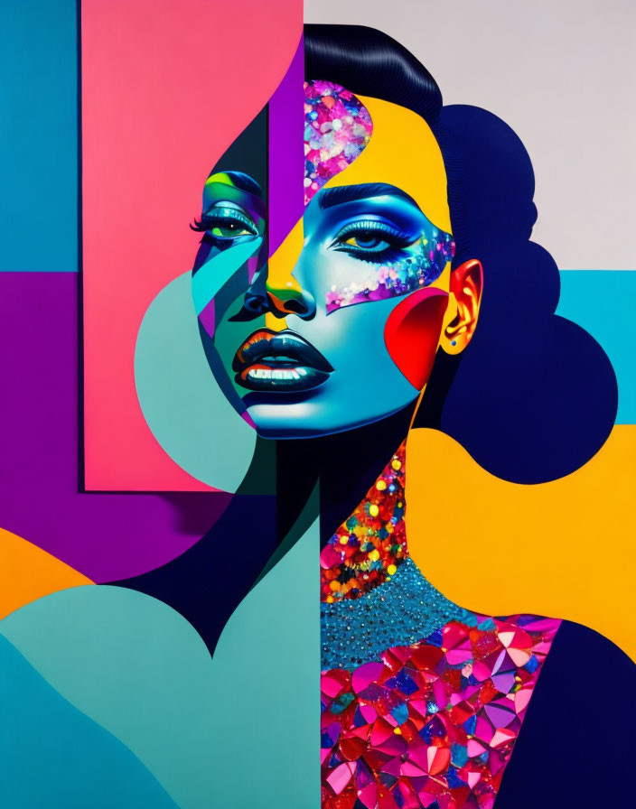 Colorful abstract portrait with geometric shapes and floral patterns.