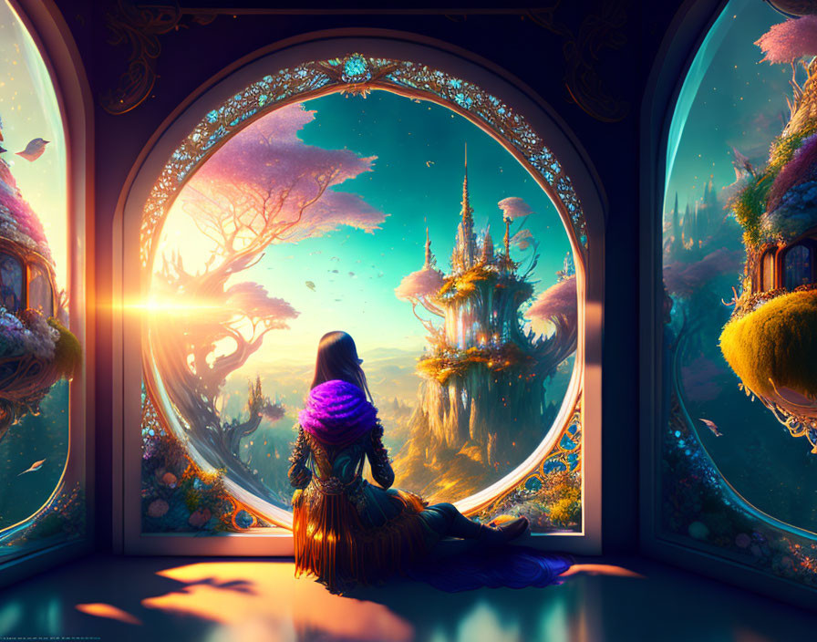 Person admires fantastical landscape through ornate window