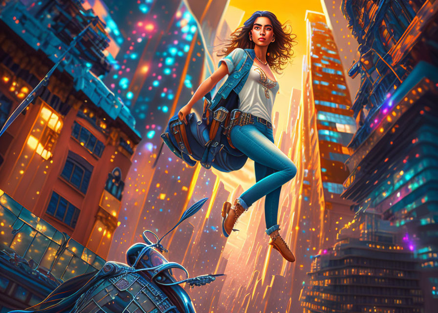 Futuristic stylized illustration of young woman leaping between skyscrapers