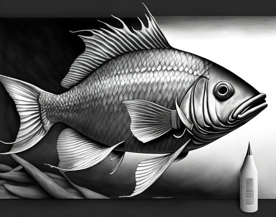 Hyper-realistic fish artwork next to white paint tube.