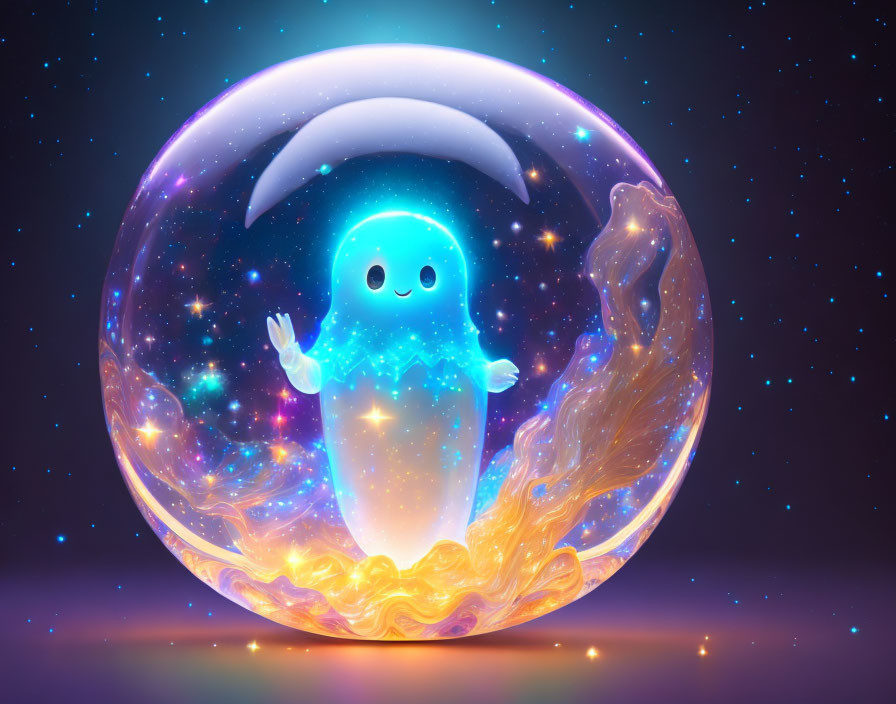 Transparent bubble with cute ghost figure in starry background