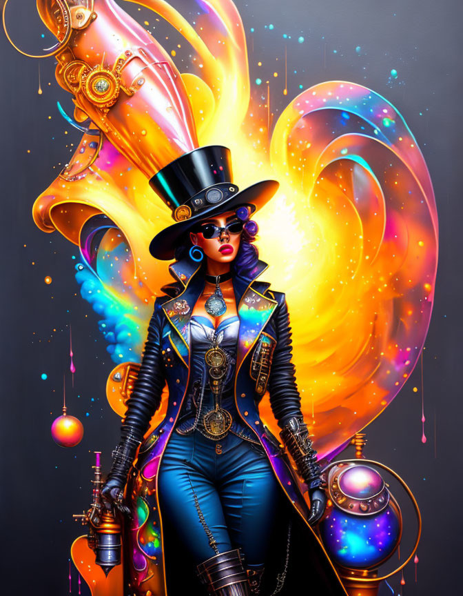 Steampunk-themed woman illustration with cosmic fire and gears