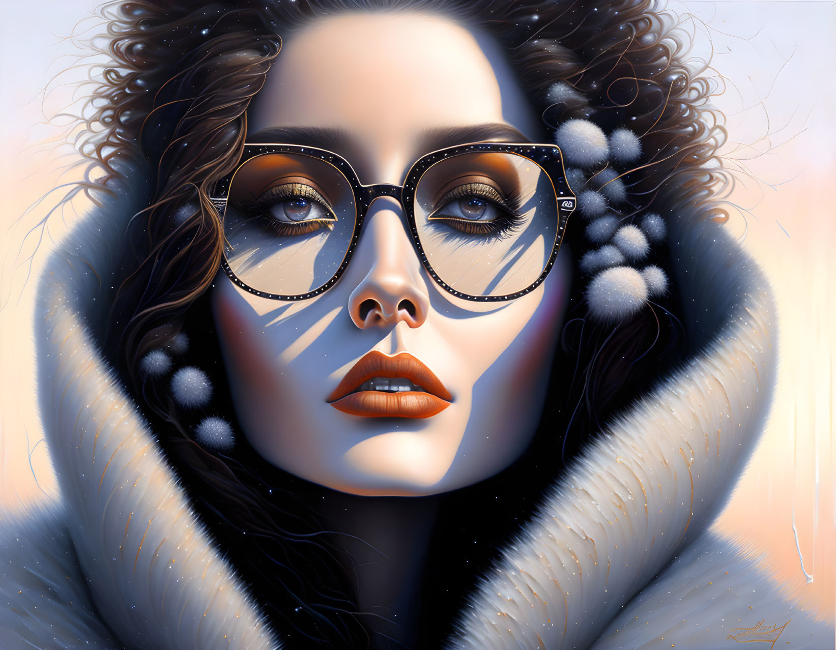 Hyper-realistic illustration of woman with curly hair, glasses, fur-lined hood, glowing backdrop