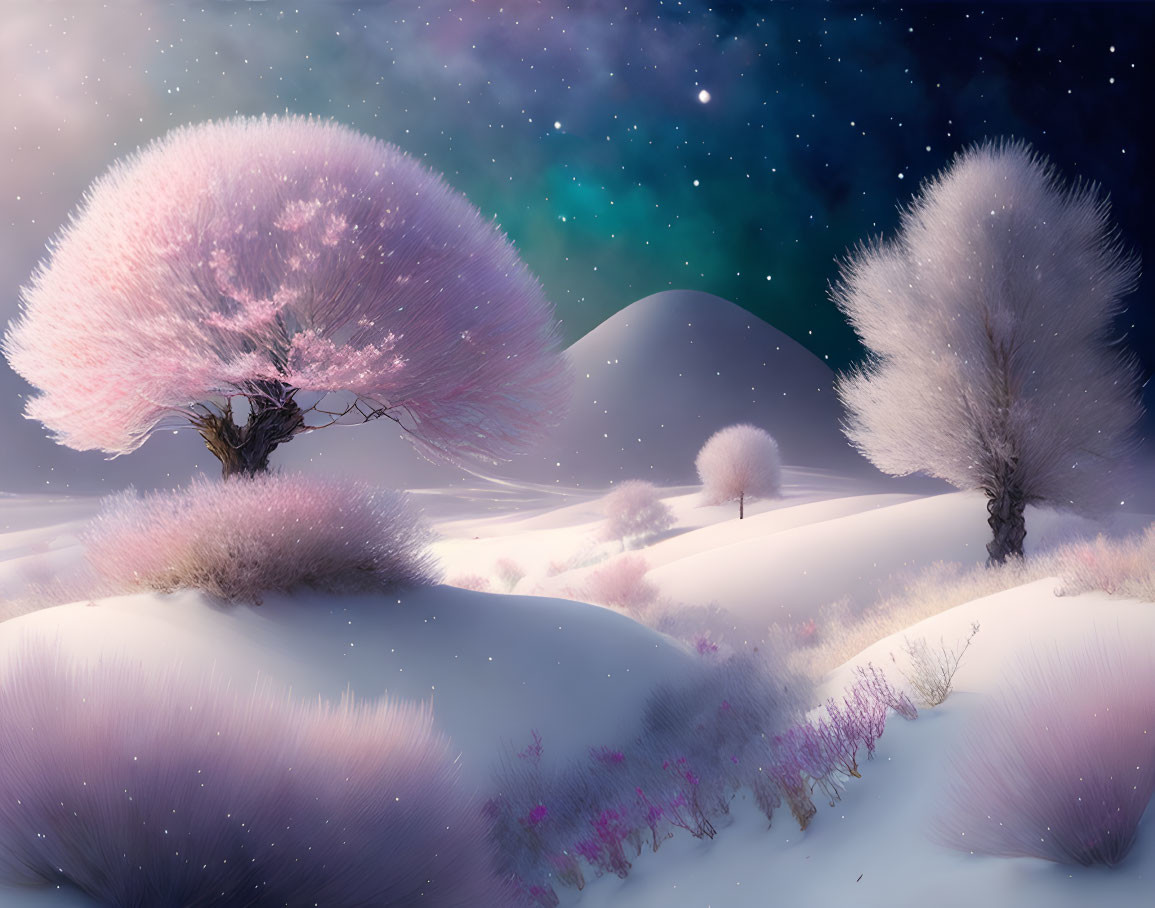 Pastel-colored fluffy trees on snowy hills under a starry sky