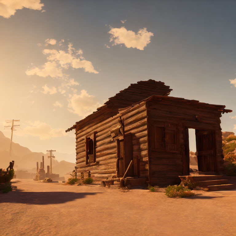 Rustic wooden cabin in desert landscape with mountains and soft sunlight