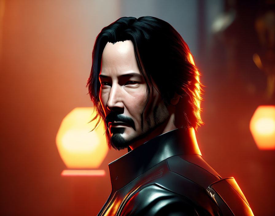 Man with Long Hair and Beard in Futuristic Black Jacket on Warm Background