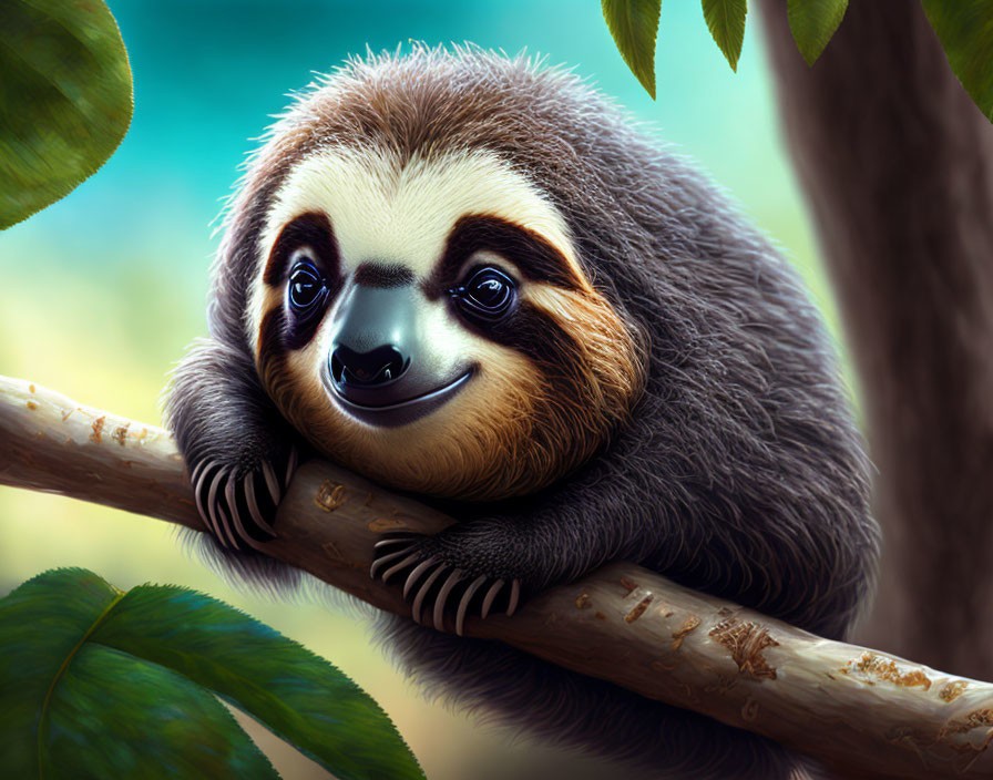 Smiling sloth with lush fur on tree branch in green leafy setting