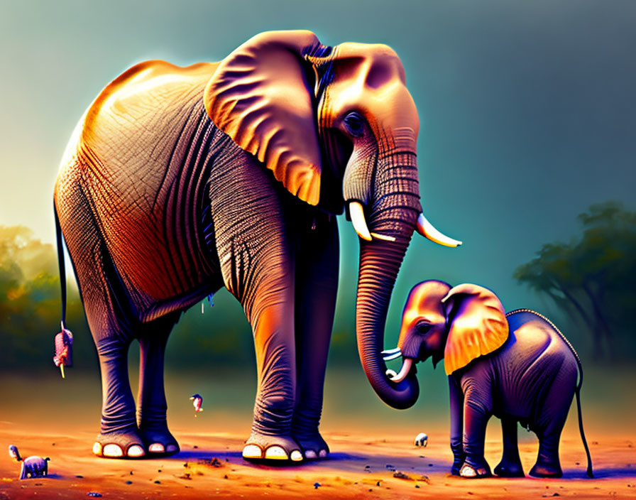 Colorful Digital Art: Adult Elephant and Calf in Vibrant Savannah