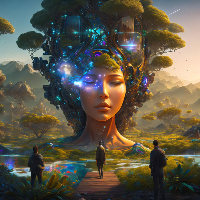 Illustration: Giant woman's head merges with futuristic mechanical back in forest scene.