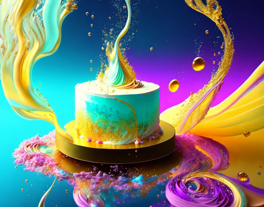 Colorful Cake on Pedestal with Gold, Yellow, and Magenta Swirls