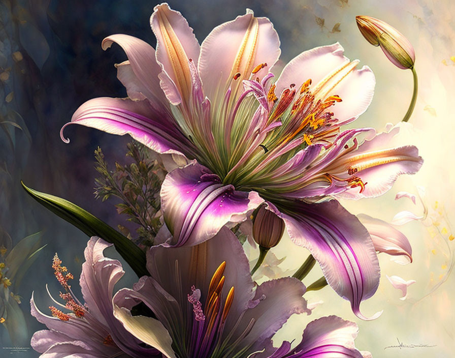 Vibrant purple lilies with delicate petals in ethereal backdrop