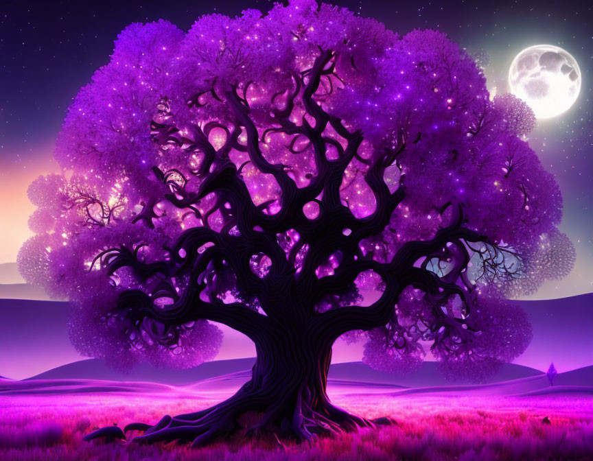 Majestic tree with purple foliage under starry sky and full moon, lone figure on grassy