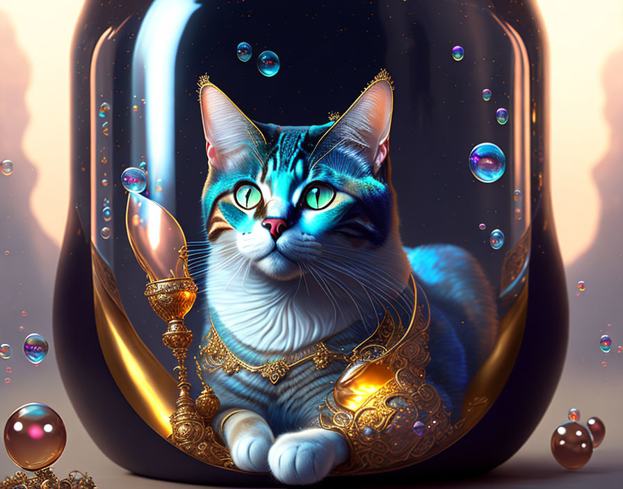 Regal Cat with Blue Eyes in Transparent Bubble and Gold Jewelry