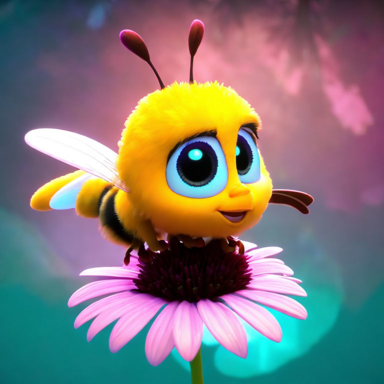 Colorful Animated Bee on Pink Daisy with Blurred Background