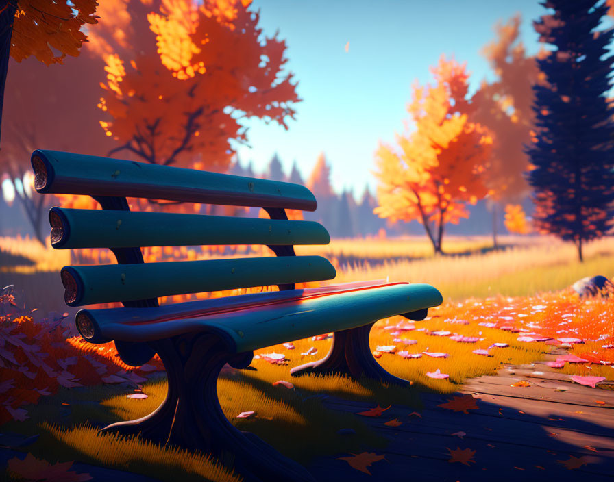 Vibrant fall foliage on park bench in peaceful woodland setting