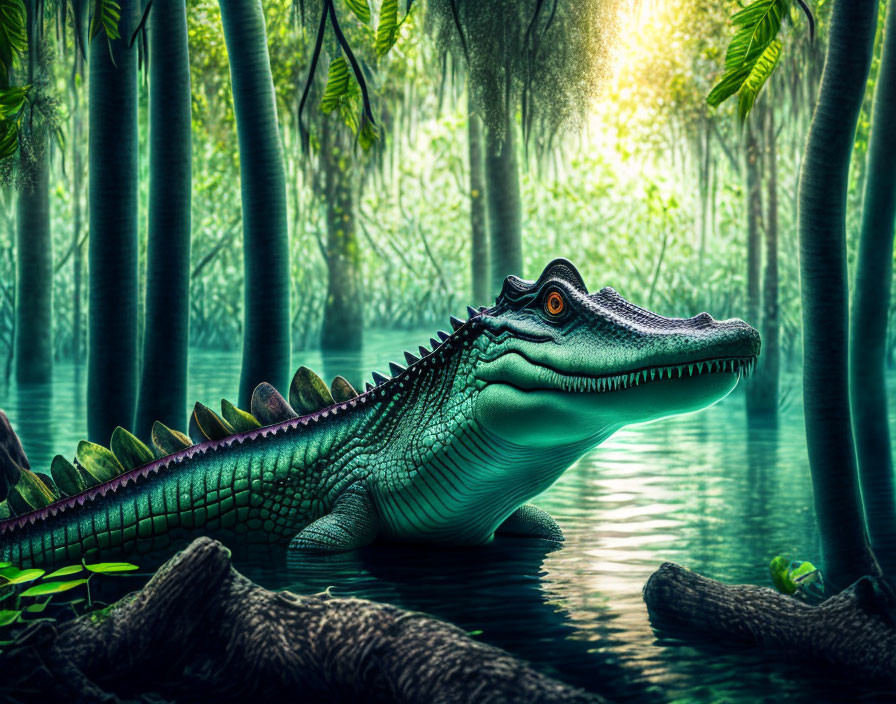 Realistic Alligator Illustration in Vibrant Swamp Scene