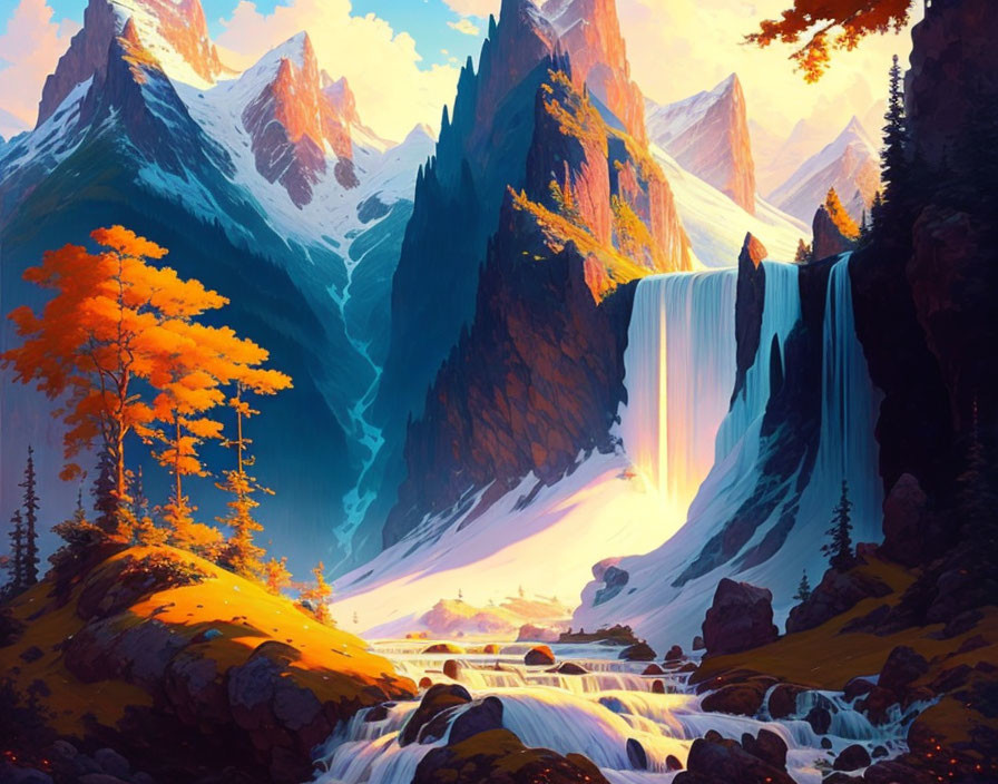 Majestic waterfall in digital art with sunlight, orange-leaved trees, and mountain peaks