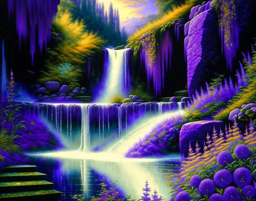 Fantastical landscape with purple hues, waterfall, river, and lush flora