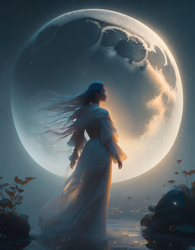 Serene nocturnal landscape with woman in flowing dress and detailed moon