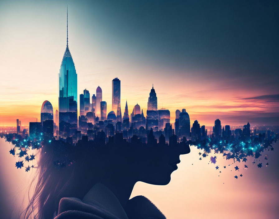 Woman's profile silhouette merges with cityscape at sunset sky.