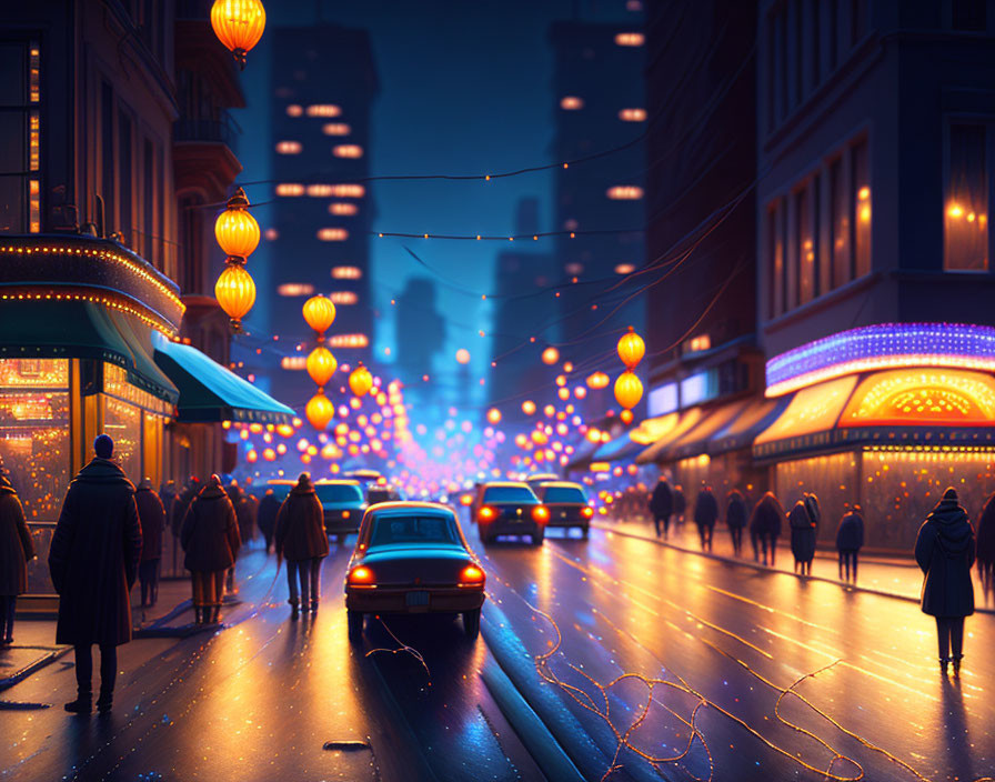 Vibrant city street at dusk with lanterns, lights, cars, pedestrians, and shops