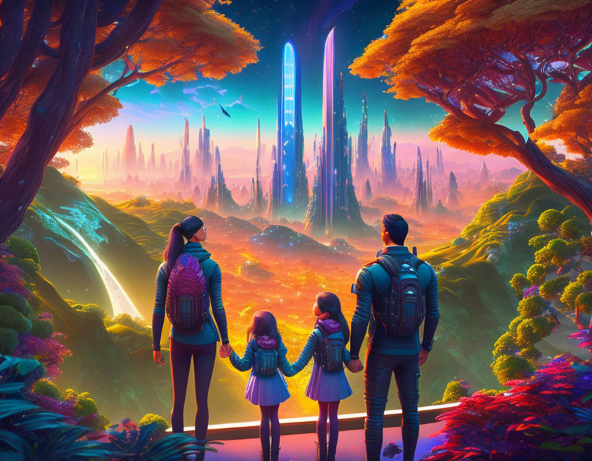 Family of four admiring vibrant alien city in fantastical forest landscape