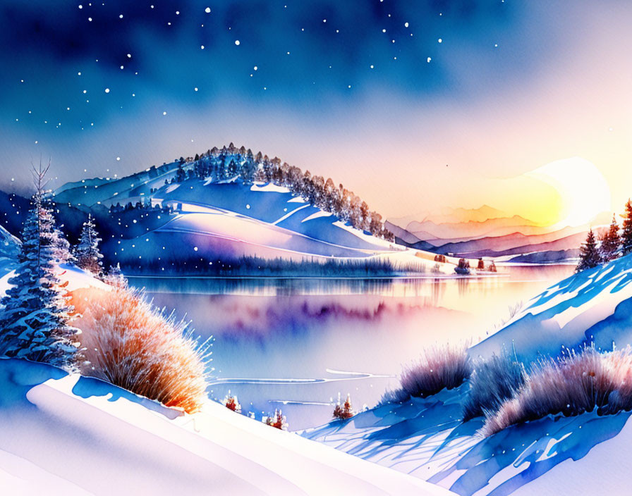 Snowy Sunset Watercolor Painting with Lake, Hills, and Starry Sky