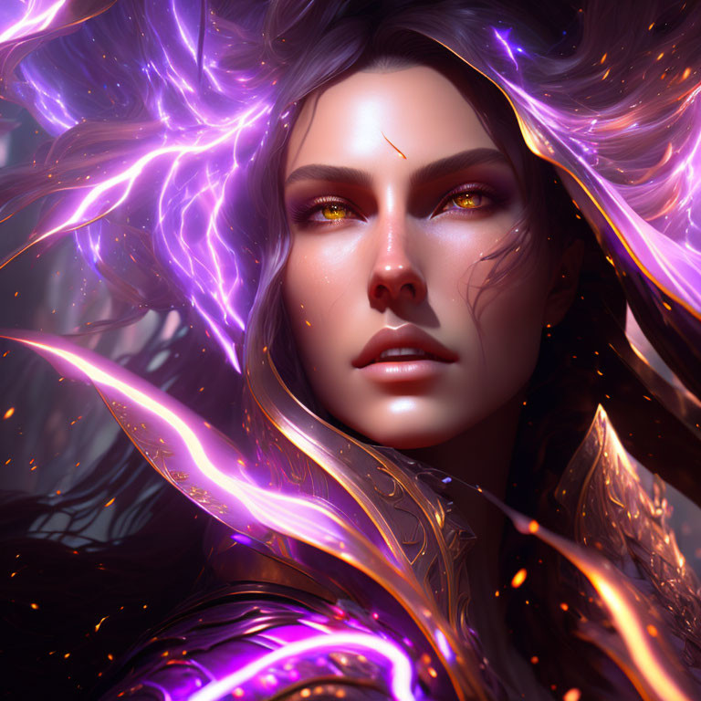 Female character with purple magical energy and detailed armor in fantasy illustration