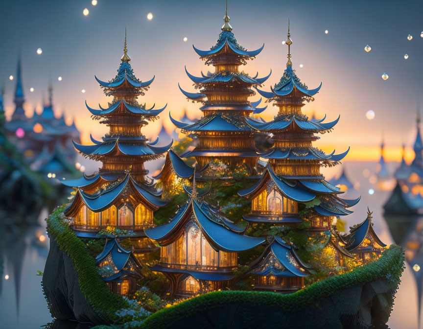 Illustration of Glowing Eastern Pagodas on Lush Hill at Twilight