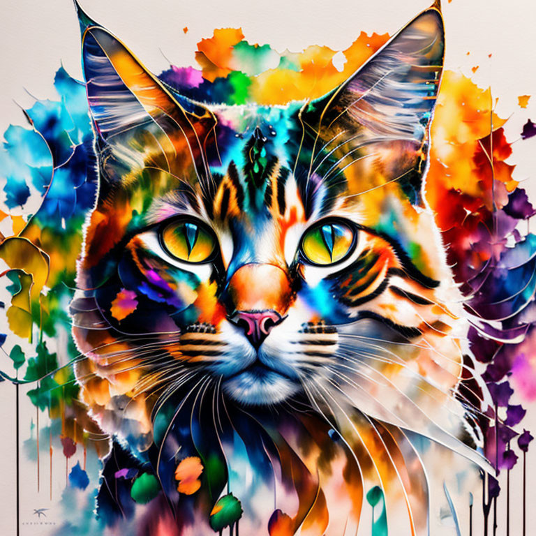 Colorful Cat Face Painting with Yellow Eyes and Watercolor Patterns