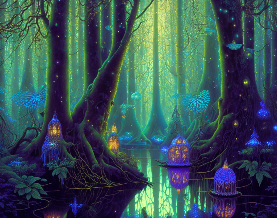 Ethereal forest with glowing hues, luminescent butterflies, and lanterns reflecting on water